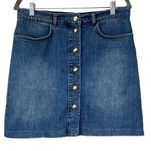 {Frame} "Claire Button Front Denim Mini Skirt" Blue Gold High Rise Stretch
